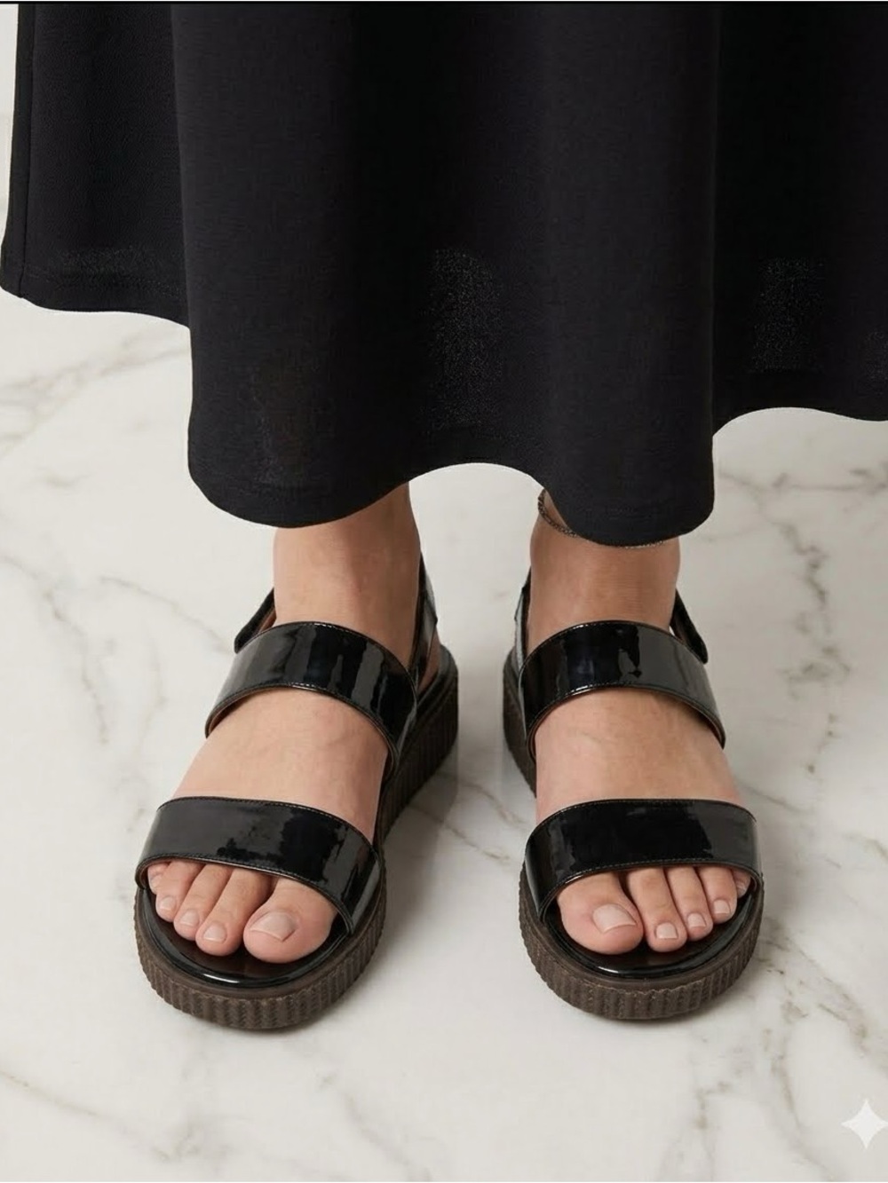 Wonders Black Patent Leather Sandals